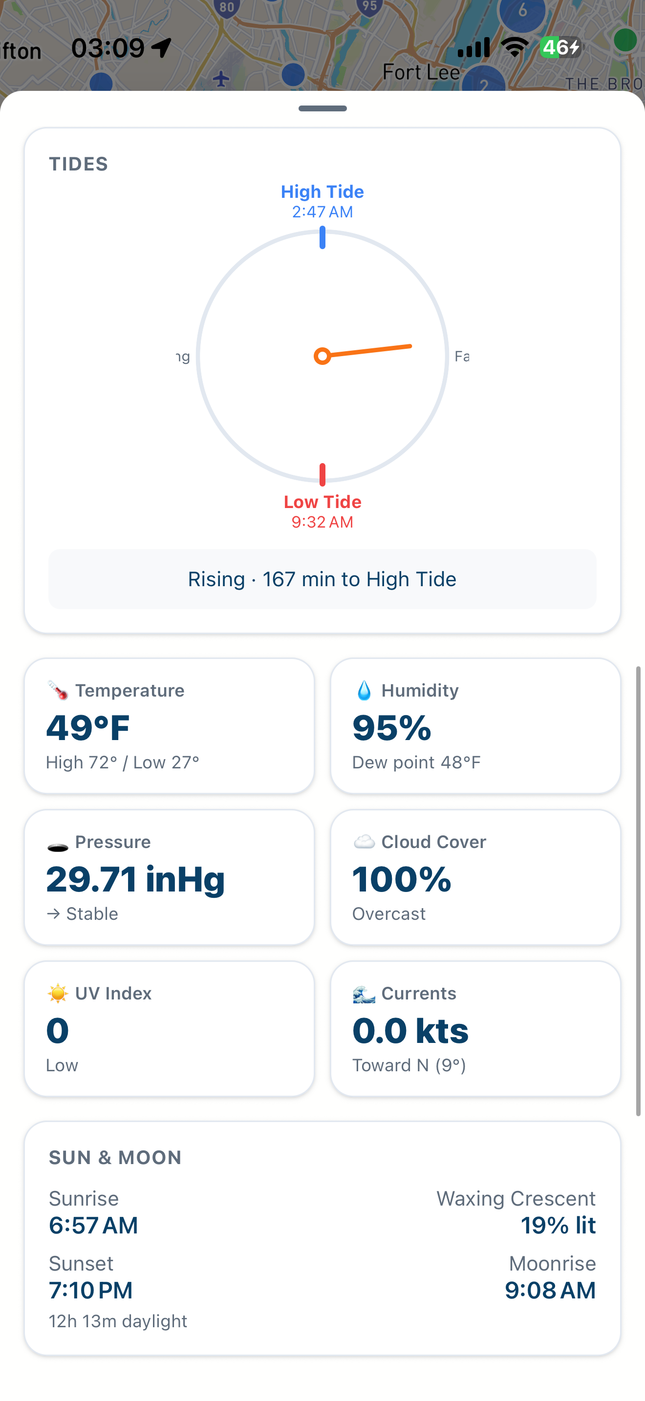fishbro app showing a fishing spot map with live weather, tide, and wind data