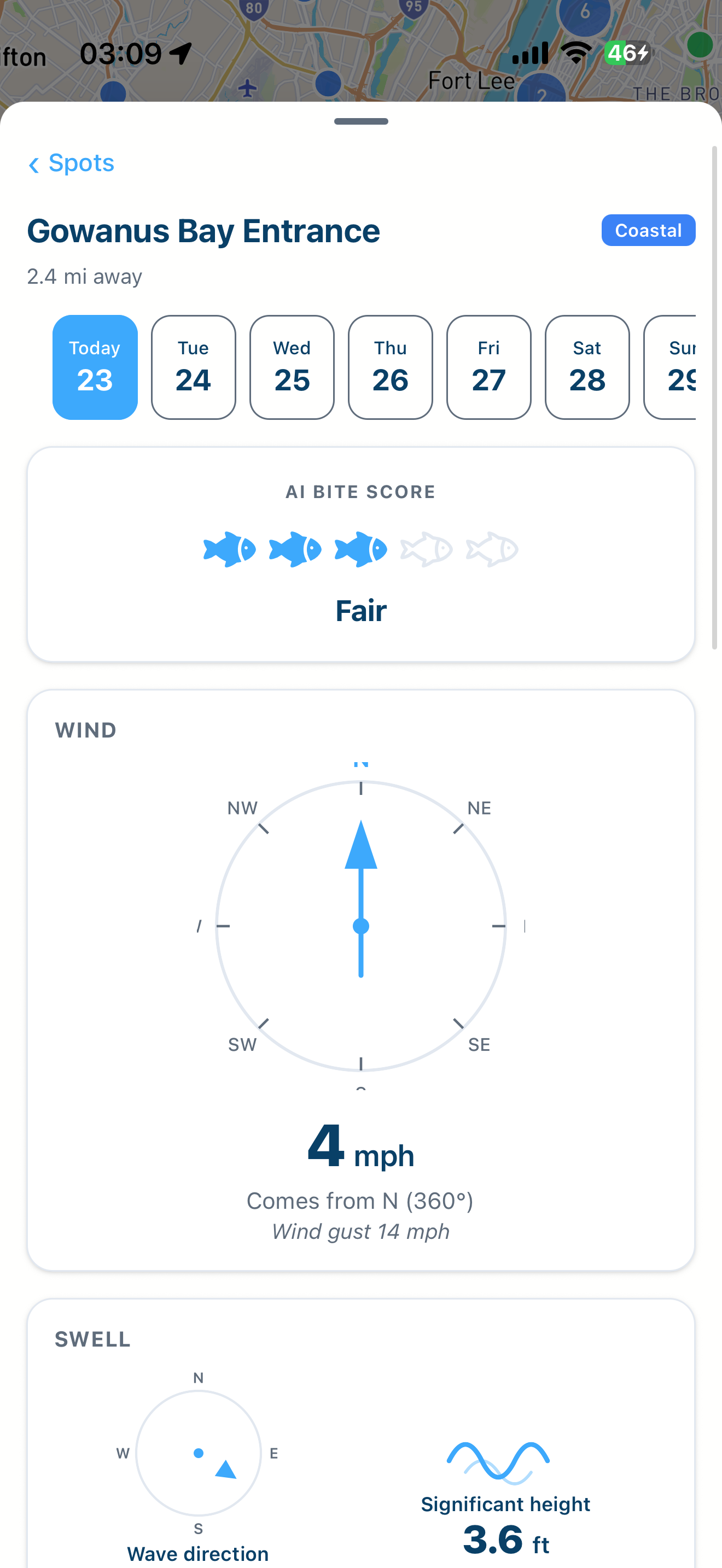 fishbro app showing AI-powered bite score predictions based on current conditions