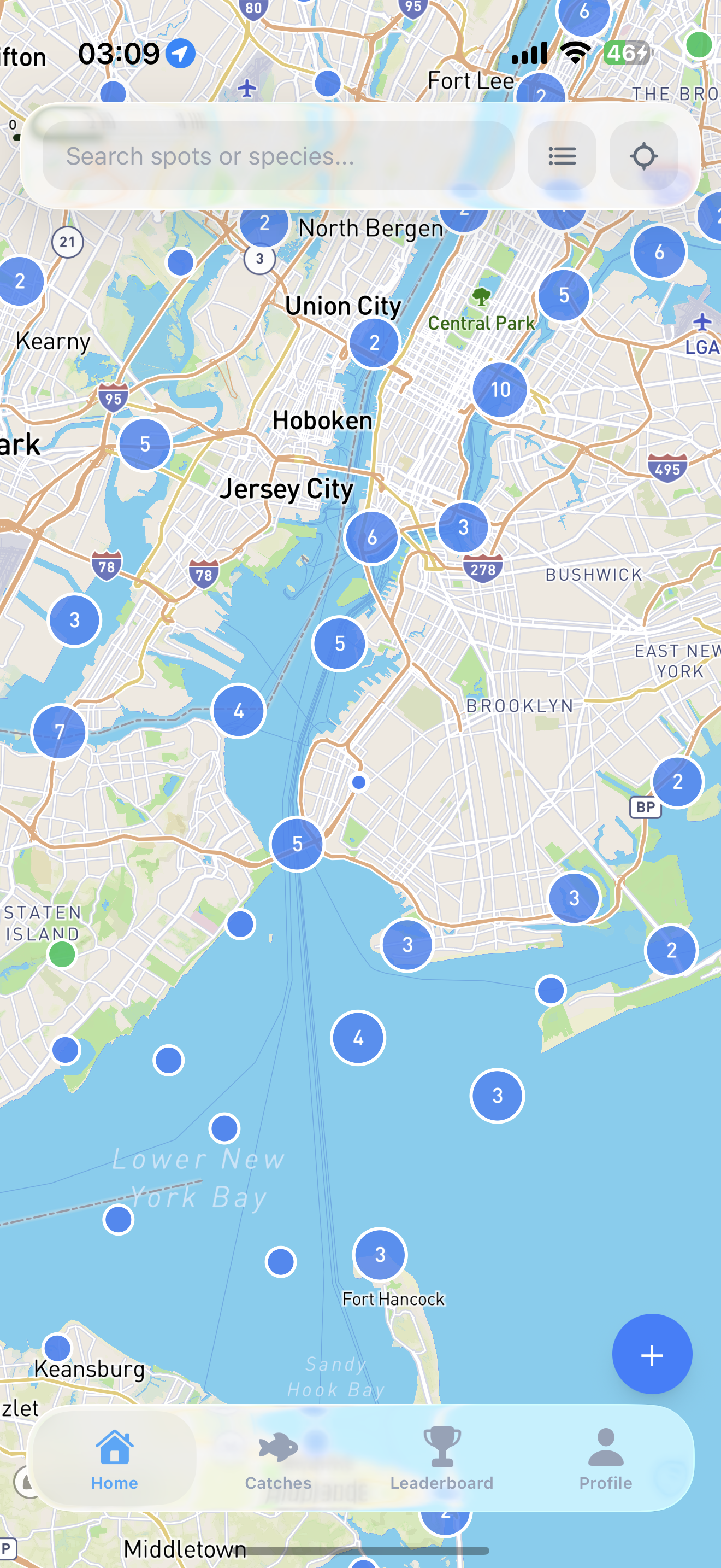 fishbro app home screen showing fishing spots and conditions at a glance